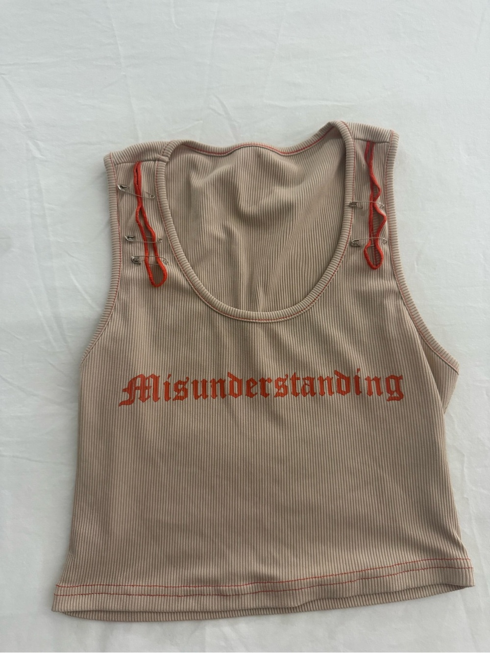 SHEIN Beige Ribbed Tank Top with Orange 'Misunderstanding' Script